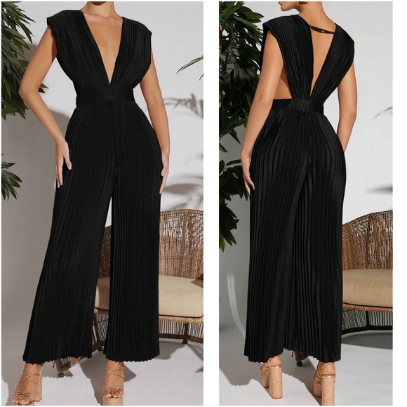 BellanBlue Pants - Luxe Plunging Neck Open Back Pleated Wide leg Jumpsuit